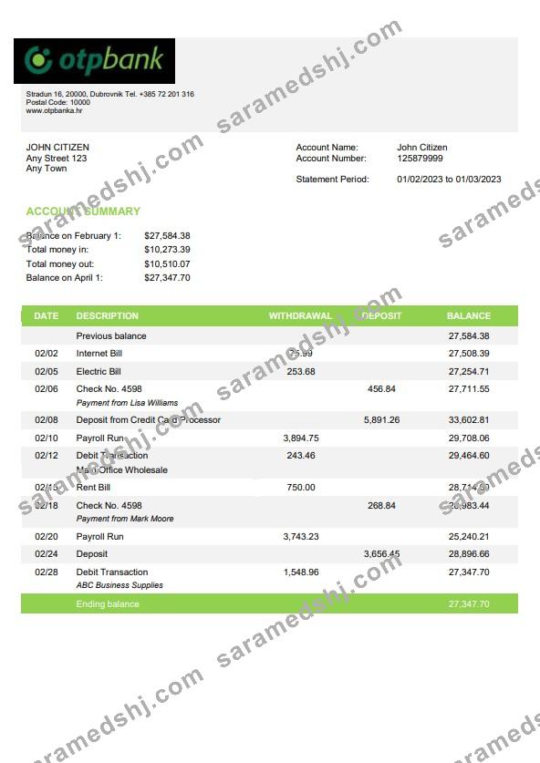 Croatia OTP bank statement template, Word and PDF format, version 2
